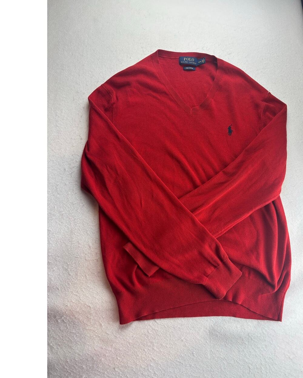 Polo Ralph Lauren Red Pima Cotton V Neck Sweater Size Medium